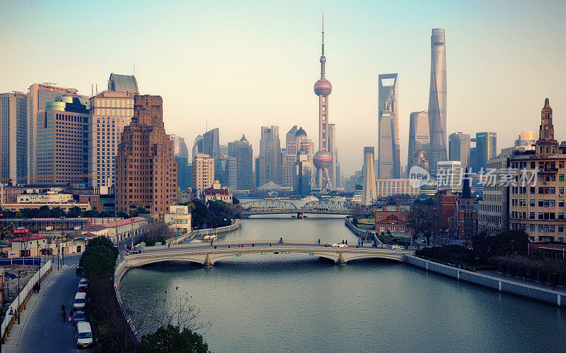 Beautiful modern city at night in Shanghai, China